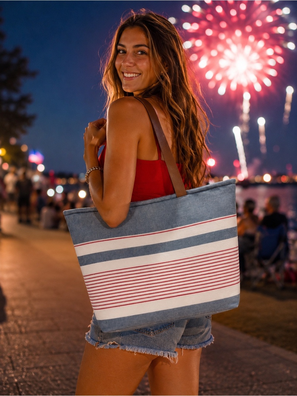 Patriotic Handmade Upcycled Striped Canvas Tote Bag in Blue, Red & White